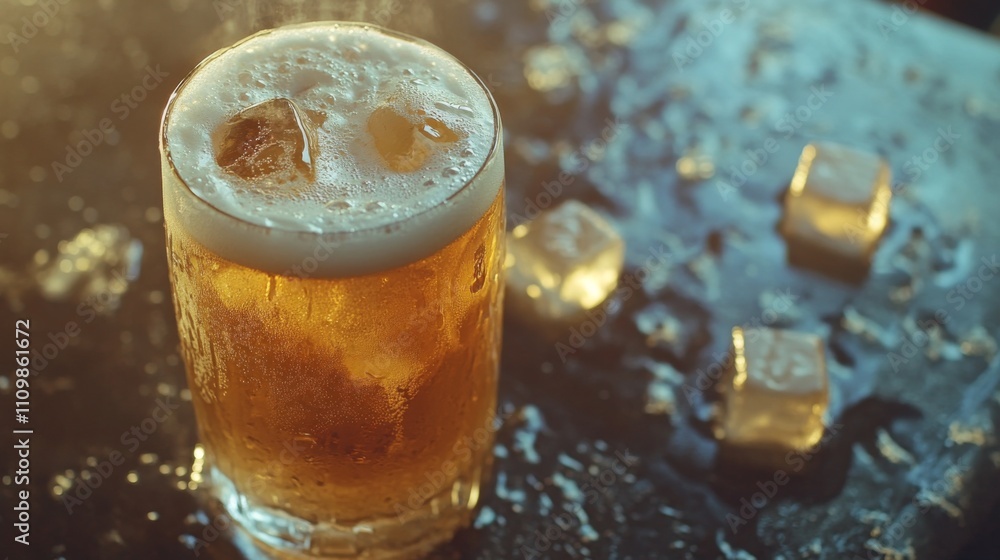 Poster Refreshing Glass of Beer with Ice Cubes on a Wet Surface