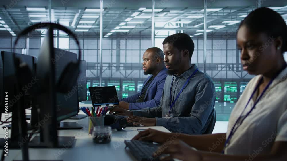 Poster african american data center technicians implement ai predictive maintenance systems. woman in serve