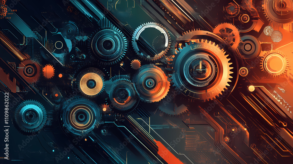 Sticker Abstract background with gears and light and dark contrasting colors, complex patterns, sci-fi style. Mechanical. Illustration