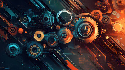 Abstract background with gears and light and dark contrasting colors, complex patterns, sci-fi style. Mechanical. Illustration