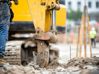 construction worker operating heavy machinery on construction site, showcasing excavator digging arm in action. scene conveys hard work and dedication