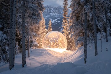 Magical winter scene featuring a glowing giant snow globe nestled in a snow-covered forest surrounded by tall frosted trees