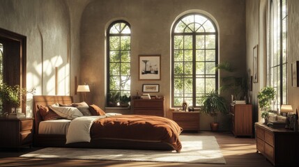 Cozy and Bright Bedroom with Natural Light and Greenery Accents