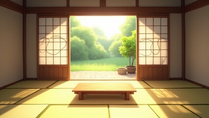 A calm, sunlit traditional Japanese tatami room with a peaceful garden outside, soft shadows and fluttering curtains.