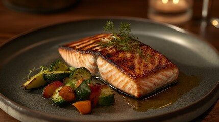 Grilled Salmon Fillet with Fresh Vegetables on Elegant Plate