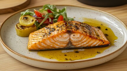 Grilled Salmon Fillet with Fresh Vegetables and Olive Oil Drizzle
