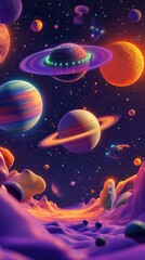 Vibrant Cosmic Landscape: A Surreal Journey Through Neon Planets and Starry Skies