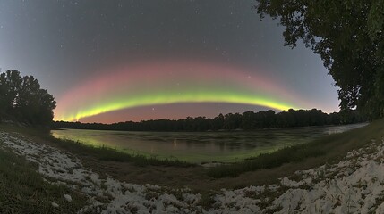 Night sky panorama showcasing a vibrant aurora borealis arc reflected in a calm river, surrounded by trees and a snowy bank.