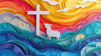A beautiful paper cut illustration featuring a lamb standing beside the cross on Calvary Hill, with bright colors and intricate paper details, symbolizing hope, sacrifice, and salvation