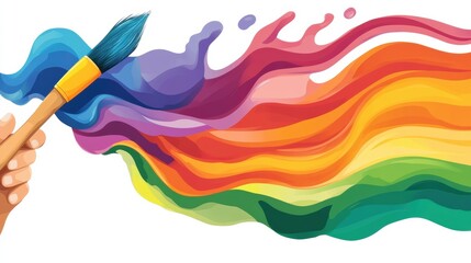 A hand holds a brush painting vibrant rainbow waves on a white canvas, AI