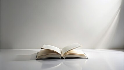 Open Book on a White Surface Bathed in Sunlight, Minimalist Composition for Education or Reading Concepts
