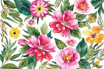 Vibrant Watercolor Flower Collection with Lush Green Foliage for Celebration Backgrounds and Greeting Card Designs