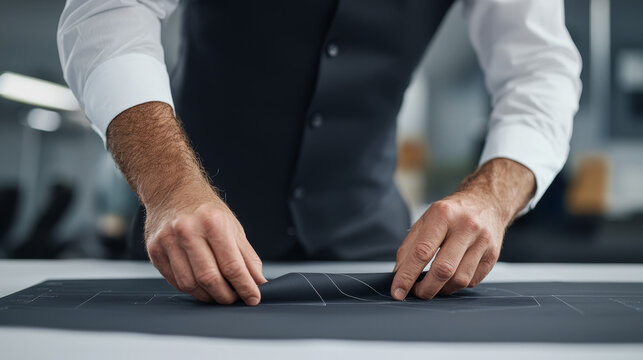 Tailoring process with hands working on fabric patterns for design