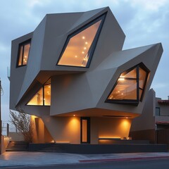 Modern Architectural Gem: Dusk settles on a striking, geometric home, its angular design and illuminated windows creating a captivating interplay of light and shadow.