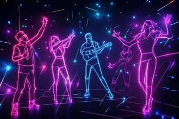 2. Singers competing in a holiday karaoke contest on a mesmerizing neon wireframe stage, with the backdrop of a dark void.