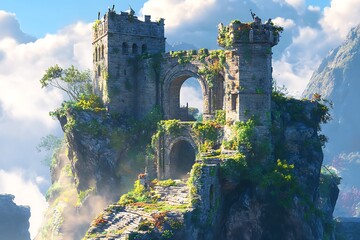 A majestic ruined castle perched on a rocky cliff, surrounded by clouds and greenery.