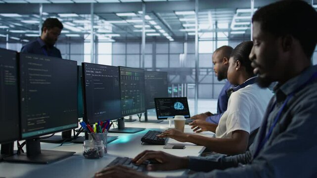 Admin in data center drinking coffee and implementing AI predictive maintenance systems. Server hub worker enjoying hot beverage, using artificial intelligence to identify hardware failures, camera A