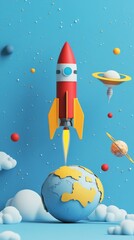 Stylized Rocket Launching from Earth: A 3D Render of Space Exploration and Innovation