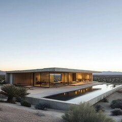 Fototapeta premium Desert Oasis: Minimalist architectural masterpiece set against a breathtaking desert landscape, featuring a sleek, modern design with expansive windows and a reflecting pool.