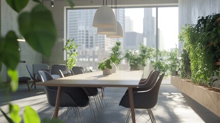 Fototapeta premium Modern Office with Greenery and City View