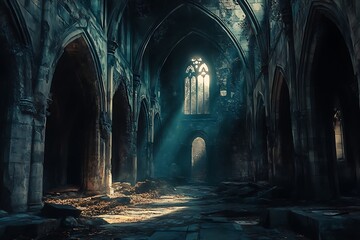 Obraz premium An atmospheric view of a dilapidated cathedral, illuminated by shafts of light.