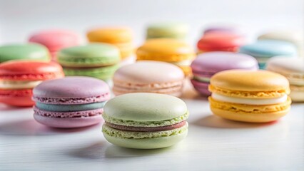 Obraz premium A delightful assortment of pastel-colored macarons, showcasing a variety of delicate flavors and textures on a bright white surface