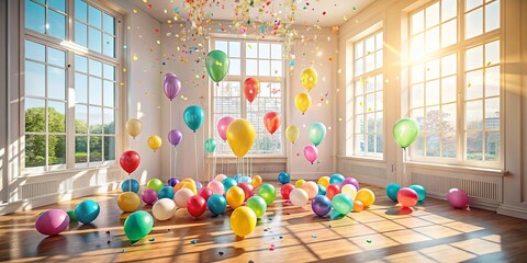 Fototapeta premium A sunlit room filled with colorful balloons and confetti, celebrating joy and festivity