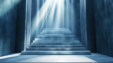 Fototapeta premium Sunlit Staircase Ascending In A Blue Hallway