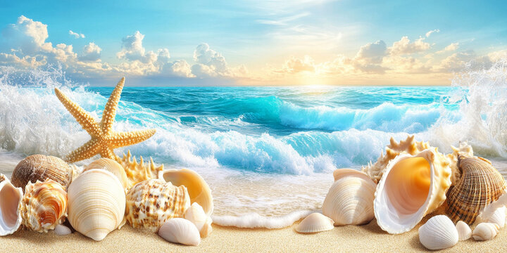 Seashells and starfish on sandy beach with rolling waves.
