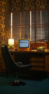A monitor with ripples on the desktop screen. Retro office, interior details