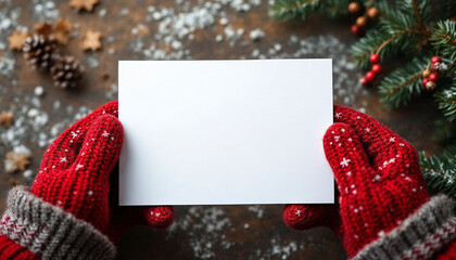 Two hands in knit gloves or mittens holding a blank white card 5x7 A2 A7 greeting card for christmas or winter holiday envelope stationery for graphic design mockup