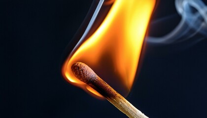 A close up view of a matchstick burning; the tip of a matchstick burning brightly; a stick of a match burns with orange and yellow flame; ignite and ignition; graphic resources; fire photography; burn
