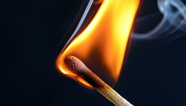 A close up view of a matchstick burning; the tip of a matchstick burning brightly; a stick of a match burns with orange and yellow flame; ignite and ignition; graphic resources; fire photography; burn