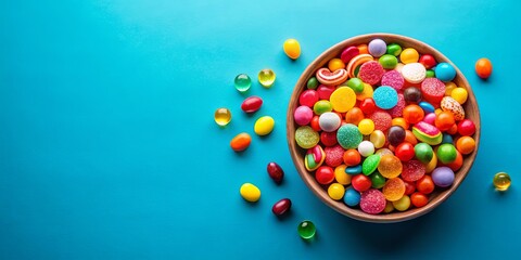A vibrant assortment of colorful candies and sweets in a wooden bowl against a bright blue background