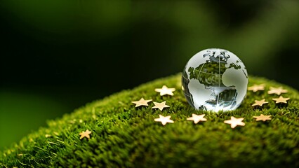 A glass globe with "CSRD" superimposed rests on moss, surrounded by yellow stars, suggesting a connection between the CSRD and environmental sustainability within the EU.