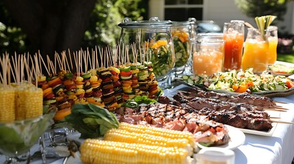 A well-organized summer food table featuring grilled meats, corn on the cob, vegetable skewers, and a variety of refreshing drinks