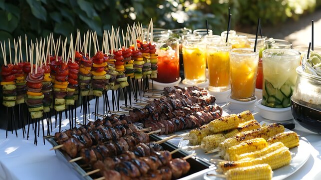 A well-organized summer food table featuring grilled meats, corn on the cob, vegetable skewers, and a variety of refreshing drinks - Powered by Adobe