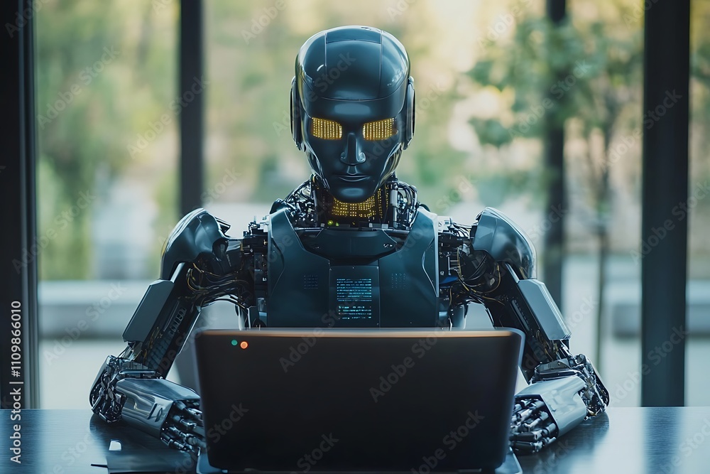 Poster robot working on a laptop. concept of artificial intelligence, future technology, and automation.