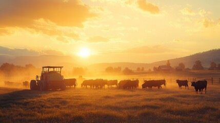 Fototapeta premium Cattle feeding machinery distributing hay on a large ranch, morning light,