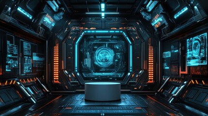 Obraz premium Futuristic Spaceship Interior With Central Display And Platform