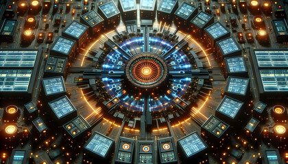 AI A SOC with a glowing central console and radial display monitors