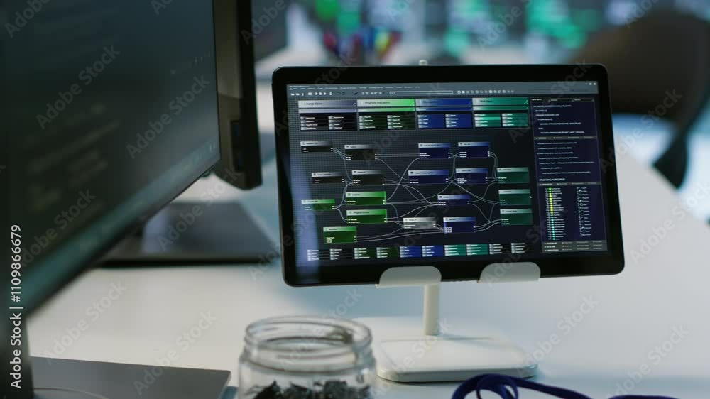 Poster close up of tablet in data center workspace used for controlling company network infrastructure. foc