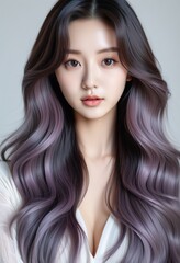 Fototapeta premium Closeup portrait of a K-pop idol with long, wavy, purple ombre hair. Her skin is flawless, makeup minimal, showcasing natural beauty and hairstyle