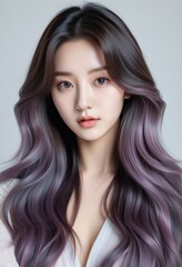 Fototapeta premium Closeup portrait of a K-pop idol with long, wavy, purple ombre hair. Her skin is flawless, makeup minimal, showcasing natural beauty and hairstyle
