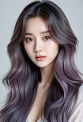 Fototapeta premium Closeup portrait of a K-pop idol with long, wavy, purple ombre hair. Her skin is flawless, makeup minimal, showcasing natural beauty and hairstyle