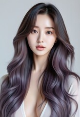 Fototapeta premium Closeup portrait of a K-pop idol with long, wavy, purple ombre hair. Her skin is flawless, makeup minimal, showcasing natural beauty and hairstyle