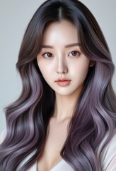 Fototapeta premium Closeup portrait of a K-pop idol with long, wavy, purple ombre hair. Her skin is flawless, makeup minimal, showcasing natural beauty and hairstyle