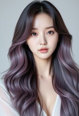 Fototapeta premium Closeup portrait of a K-pop idol with long, wavy, purple ombre hair. Her skin is flawless, makeup minimal, showcasing natural beauty and hairstyle