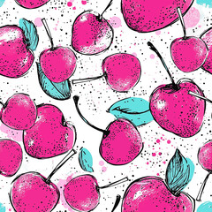 Fashion berry funny wallpapers. Seamless pattern with cherry on white background. Bright summer fruits illustration. Tropical Design for fabric and textile
