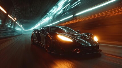 Black Sports Car Speeds Through Neon Tunnel